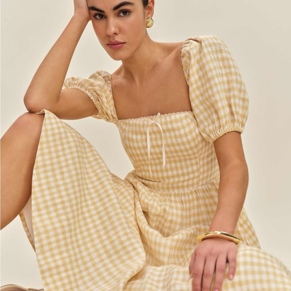 Reformation Marella Linen Dress in Sunshine Check (Size 2)